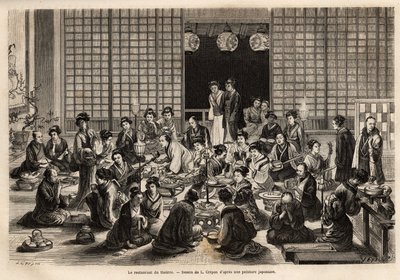 La salle à manger du théâtre de Yokohama est en permanence remplie, même pendant la représentation. Gravure pour illustrer le voyage au Japon, par Aimé Humbert, ministre de la Confédération suisse, en 1863-1864, publié dans "Le tour du monde", sous la dire - Unknown artist
