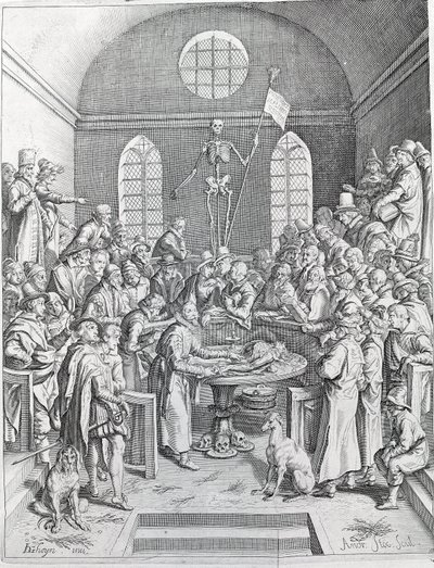 La dissection Groupe de médecins et de scientifiques réunis pour suivre une dissection dans un amphithéâtre. Gravure de 1788 - Unknown artist