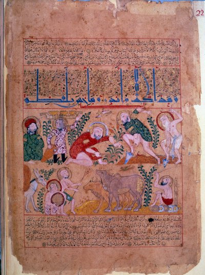 Le docteur Andromakhos observe les activités agricoles. Miniature tirée du « Livre des antidotes » 1199 Paris, B.N. - Unknown artist