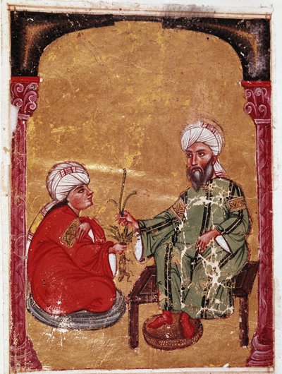Le médecin et botaniste Pedanius Dioscoride (Pedanius Dioscorides) (40-90 après J.-C.) assis avec un de ses élèves Miniature de son traité "De materia medica" (ms Ahmed III, 2147, folio 217a) 1229 Bibliothèque du musée Topkapi Sarayi, Istanbul - Unknown artist