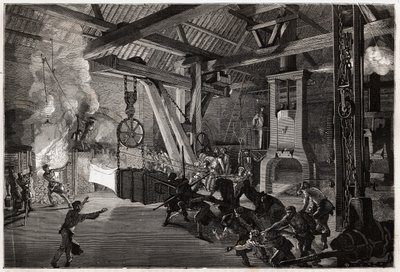 Le marteau-pilon à la forge des grandes œuvres; la pièce énorme à forger sort du four éblouissant les hommes qui manœuvrent pour la placer sous le marteau. Gravure pour illustrer un voyage au Creusot et aux mines de Saône-et-Loire, en 1865, par L. Simonin - Unknown artist