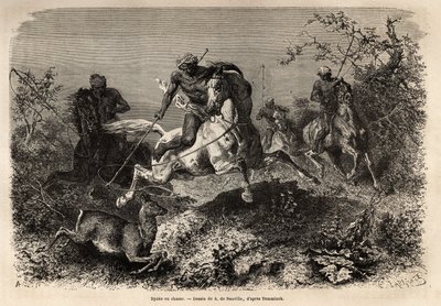Les Dayaks (indigènes de Bornéo) chassant, à cheval et avec des lassos. Gravure pour illustrer le voyage dans l