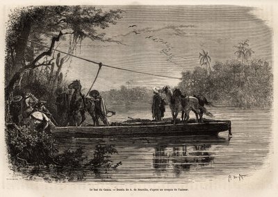 Le ferry pour traverser la rivière Cauca. Gravure pour illustrer le voyage en Nouvelle-Grenade, par le Dr Saffray, en 1869, publié dans « Le tour du monde » 1873, édité par Édouard Charton, édition Hachette, Paris. Collection Selva - Unknown artist