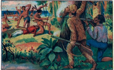 Le combat avec les sauvages. Illustration pour le livre de Daniel Defoe Robinson Crusoé. Chromolithographie de la fin du XIXe siècle. - Unknown artist