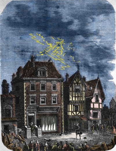 Le premier paratonnerre établi par Benjamin Franklin sur une maison à Philadelphie (USA). 1760 - Unknown artist