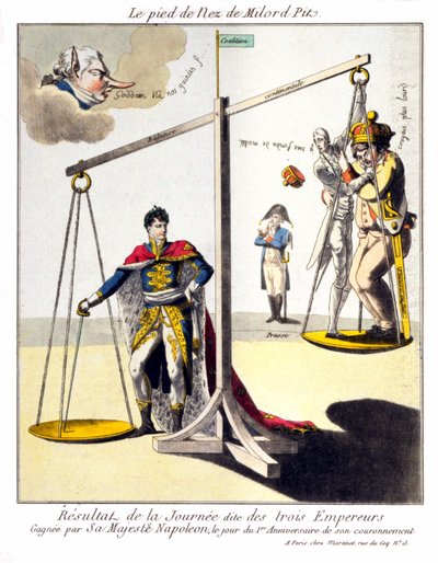 Le pied du Nez de Milord Pit - Le résultat de la soi-disant Journée des Trois Empereurs - Gagnée par Sa Majesté Napoléon, le jour du 1er anniversaire de son couronnement. Caricature sur Napoléon Ier et la 3e coalition (la Grande-Bretagne représentée par Wi - Unknown artist