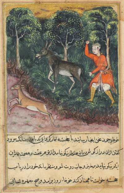 Le jardinier saisit et bat un âne qui insistait pour braire, tandis que le cerf, son compagnon, fuit en sécurité, des Contes d