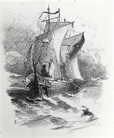 La légende du Vaisseau Fantôme ou du Hollandais Volant : un commandant hollandais voulant défier le destin aurait été condamné à errer sur son navire pour toujours, apportant malheur aux navires croisant sa route. Gravure du XIXe siècle. - Unknown artist