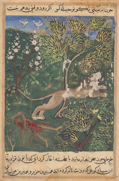 Le lion, soupçonnant une trahison de la part du singe, le tue et s