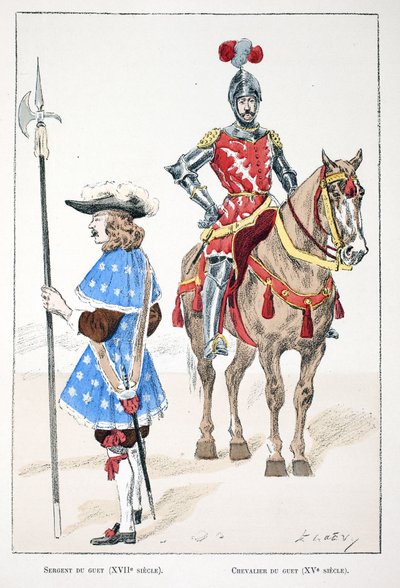Le sergent de guet au XVIIe siècle et le chevalier au XVe siècle. Eau-forte en couleurs pour illustrer "Histoire du corps des gardiens de la paix" - Unknown artist