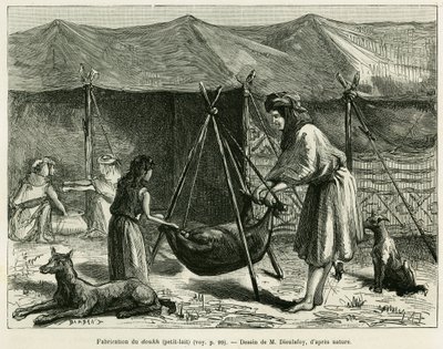 La fabrication du lait par les femmes des bergers de la région de Karoun. Gravure pour illustrer l