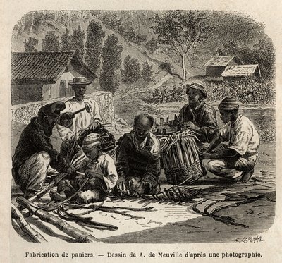 La fabrication de paniers en feuilles de palmier, pour la collecte du café. Gravure pour illustrer le voyage au Brésil, récit par M. et Mme Agassiz, en 1865-1866, publié dans "Le tour du monde, nouveau journal des voyages", sous la direction d