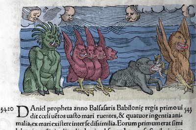 Le prophète Daniel voit apparaître des monstres : Haniel, Kafziel, Azriel, Aniel. Gravure tirée du « Livre des Prodiges et des Présages » de Wolfhart (Conrad Lycosthène) 1557 - Unknown artist