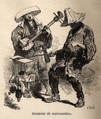 Spectacle de marionnettes et musicien accompagnateur pour divertissement de rue. Gravure pour illustrer le voyage au Japon, par Aimé Humbert, ministre de la Confédération suisse, en 1863-1864, publié dans « Le tour du monde », sous la direction de Edouard  - Unknown artist