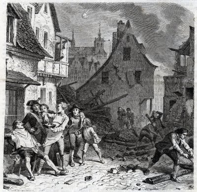 Le plat à barbe de Lille. Un épisode du siège de Lille en 1792 pendant les guerres révolutionnaires françaises - Le siège de Lille en octobre 1792 - Révolution française - Bombardement par les Autrichiens et les Prussiens - Le barbier utilise une demi-bomb - Unknown artist