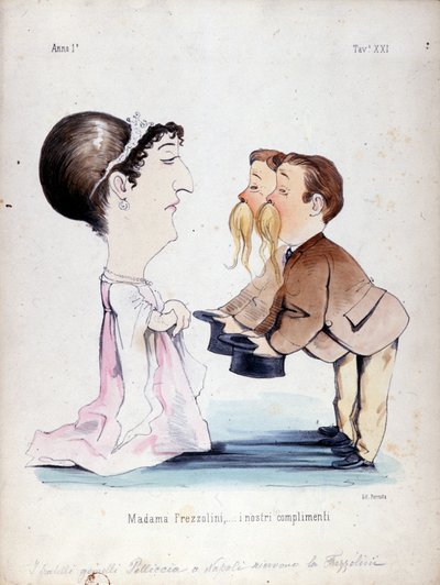 Les frères jumeaux Pelliccia reçoivent Erminia Frezzolini, la soprano italienne (1818-1884). Caricature du 19ème siècle - Unknown artist