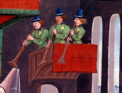 Le banquet de mariage de Clarisse, fille du roi Yvon de Gascogne et Renaud (détail) représentant les trompettistes. Miniature du manuscrit « Renaud de Montauban » ou « Les quatre fils Aymon » par Loyset Liedet (actif entre 1448 et 1478). Ms. 5073 - Unknown artist