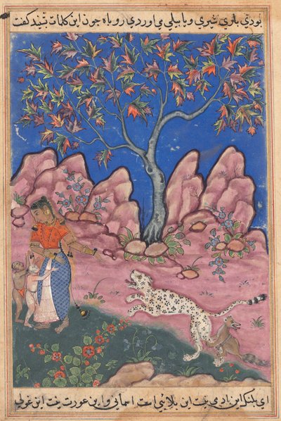 La femme conversant avec ses enfants, alors que le léopard revient, encouragé par un renard attaché à sa patte, des Contes d