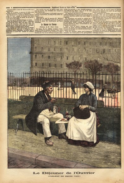 Le déjeuner des ouvriers, reproduction du tableau de Henri Cain (1859-1930), peintre et dramaturge. Gravure dans « Le petit journal » 18/04/1891. Collection Selva - Unknown artist