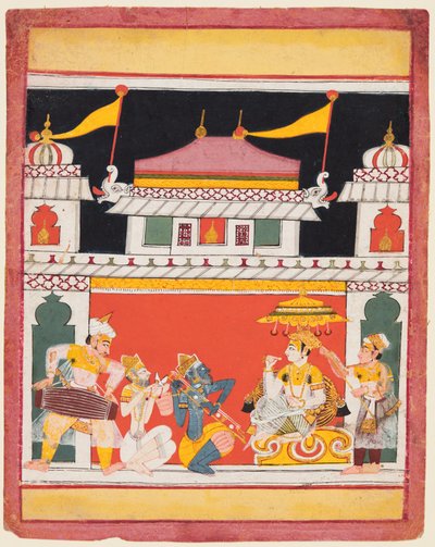 Trois musiciens jouent devant un roi : Shri Raga, d