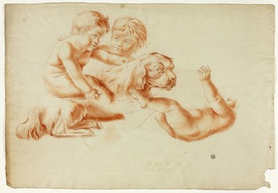 Trois Putti jouant avec un chien - Unknown artist