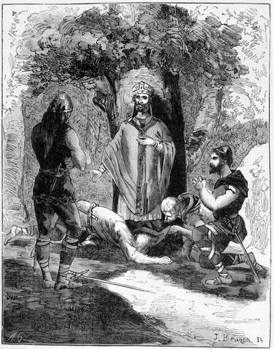 Trois bourreaux de Saint Léger (616-677) se jetèrent à ses pieds pour demander pardon. Gravure du 19ème siècle - Unknown artist