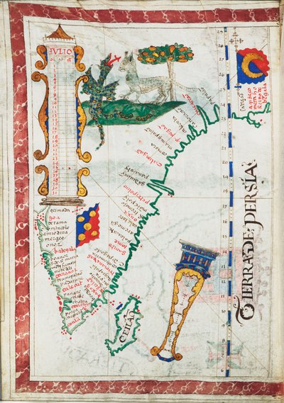 Tierra de Persia, échelle : environ 1:13 500 000, montrant des lieux supplémentaires en Inde du Sud et au Sri Lanka, c.1550-60 - Unknown artist