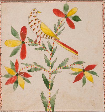 Petit oiseau jaune et rouge sur une branche fleurie - Unknown artist
