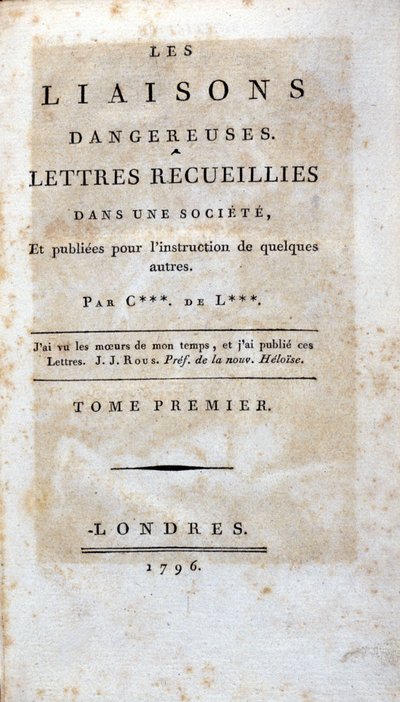 Page de titre du livre « Les Liaisons dangereuses » de Choderlos de Laclos, Londres - Unknown artist