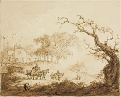 Voyageurs avec chevaux et charrette sur une route passant devant des maisons - Unknown artist