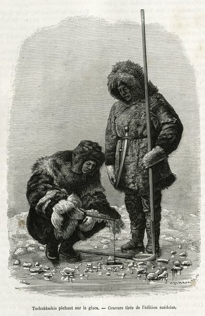 Tschuktschis pêchant sur la glace dans la baie de Koljutschin (cercle polaire). Gravure de l
