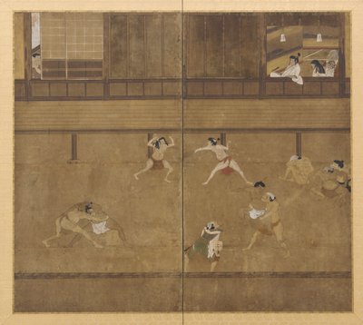 Paravent à deux panneaux représentant des lutteurs - Unknown artist
