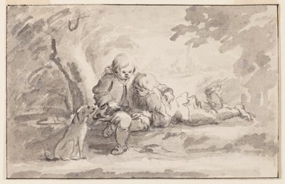 Deux garçons regardant un livre - Unknown artist