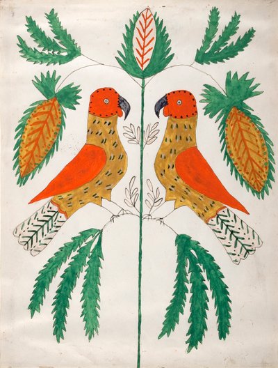 Deux perroquets rouges et jaunes se faisant face (Feuilles vertes) - Unknown artist