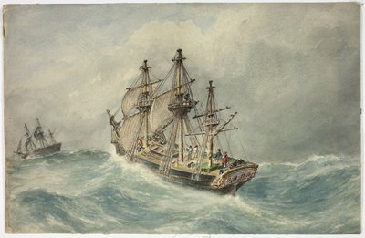 Deux navires à trois mâts sur une mer agitée - Unknown artist