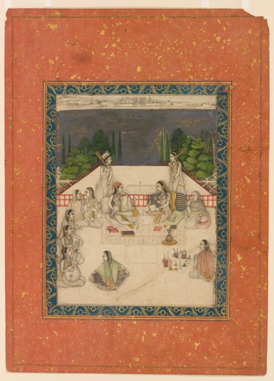 Deux femmes assises sur une terrasse, entourées de serviteurs et de musiciens - Unknown artist
