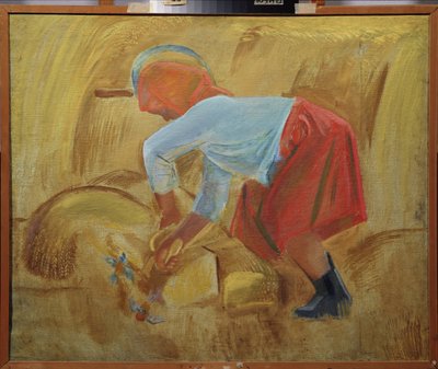 Une moissonneuse avec une faucille sur la tête - Unknown artist