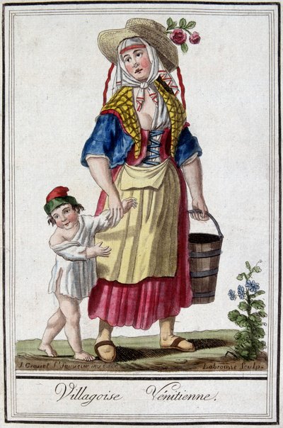 Village vénitien avec son fils. Gravure du 18ème siècle - Unknown artist