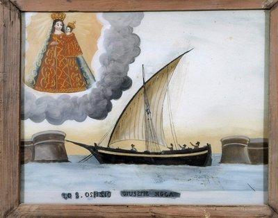 Navire en difficulté - peinture sur verre, ex-voto de Notre Dame de Laghet - Unknown artist