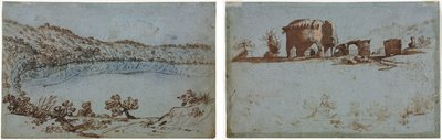 Vue du lac de Nemi (recto) Petit groupe de ruines romaines (verso) - Unknown artist