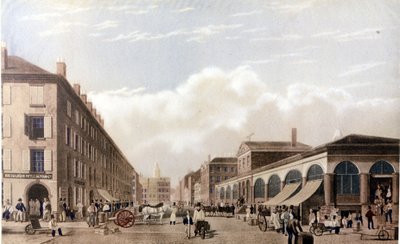 Vue de New York : Marché à Fulton Street. Lithographie SD vers le milieu du 19ème siècle. - Unknown artist