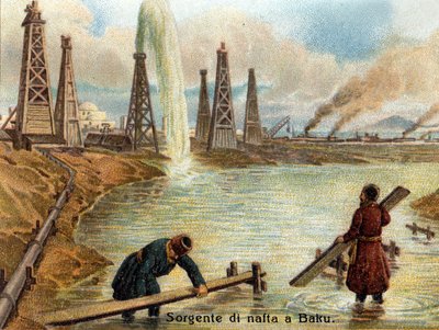 Vue des puits de pétrole à Bakou, Azerbaïdjan. Chromolithographie vers 1890. - Unknown artist