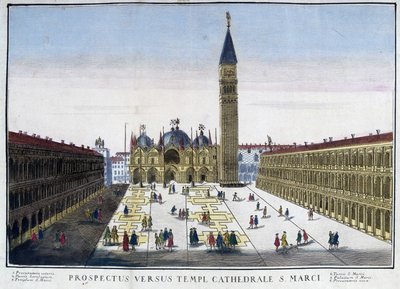 Vue de la Basilique et du Campanile depuis la place Saint-Marc à Venise, Italie. Gravure du 18ème siècle - Unknown artist