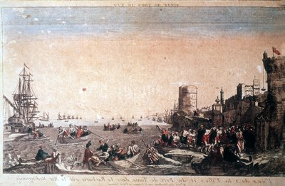 Vue de la ville et du port de Tunis en barbarie sur la mer Méditerranée - Pirates capturés arrivant au port de La Goulette à Tunis. Gravure du 18ème siècle - Unknown artist