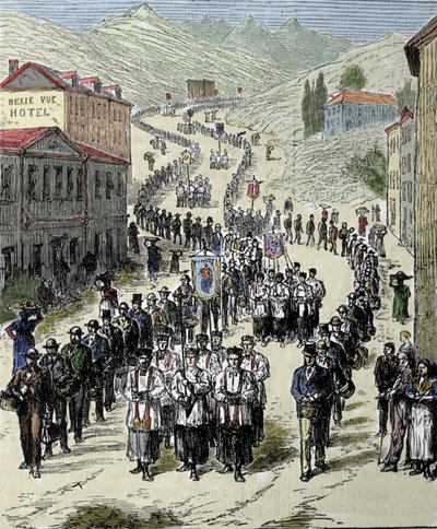 Vue de la procession de la gare à la grotte de Lourdes dans les Hautes-Pyrénées où la Vierge est apparue à Bernadette Soubirous en 1858, lieu de pèlerinage actuel. Gravure du 19ème siècle - Unknown artist