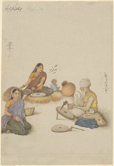 Villageois en train de moudre du maïs, page de l