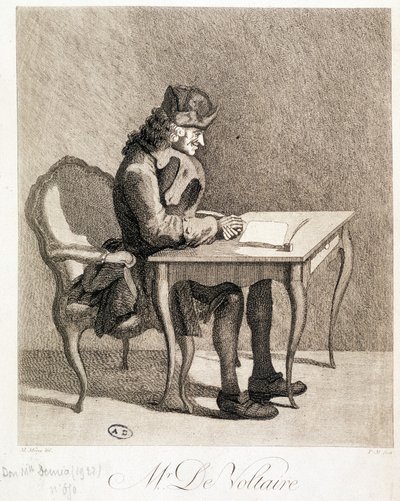 Voltaire à sa table de travail - gravure - Unknown artist