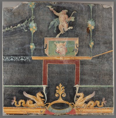 Fragment de mur avec satyre dansant, hippocampes et autres motifs décoratifs sur fond noir - Unknown artist