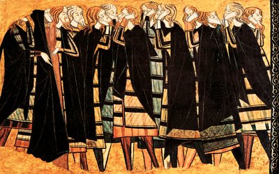 Pleurant en cape noire sur la tombe du chevalier Don Sancho Saiz de Carillo, détail de la fresque décorant la tombe. Détrempe sur bois. Fin du 13ème siècle. Museu Nacional d