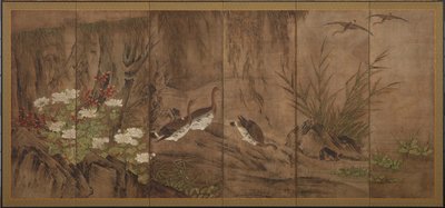 Oies sauvages, saules et pivoines - Unknown artist